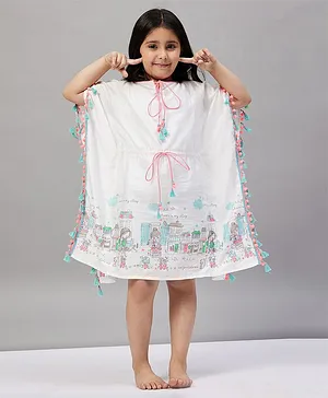 The Kaftan Company Half Batwing Sleeves Doll In The City Printed & Tassel Hem Embellished Kaftan Night Dress - White