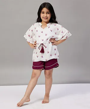 The Kaftan Company Three Fourth Sleeves Ditsy Floral Printed Lounge Set - White Maroon