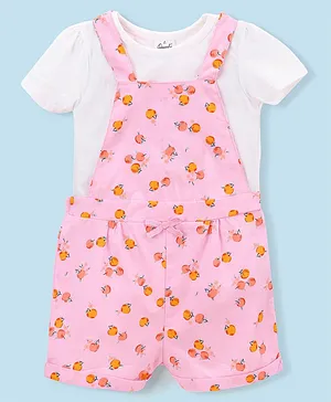 Simply Premium Cotton Half Sleeves T-Shirt with Dungaree Peaches Print - Pink