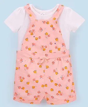 Simply Premium Cotton Half Sleeves T-Shirt with Dungaree Fruits Print - Peach