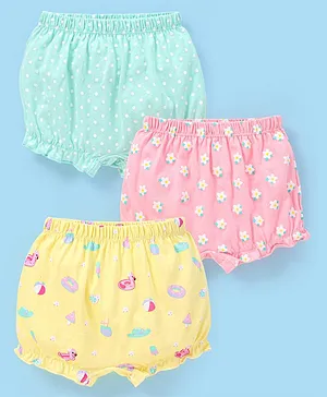 Babyhug 100% Cotton Polka Dots & Floral Print Bloomers Pack of 3 - Turquoise Pink & Yellow