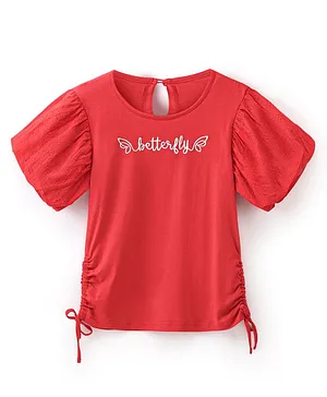 Arias by Lara Dutta Half Sleeves Cotton Modal Top with Butterfly Text Embroidery - Red