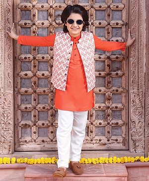 Pine Kids Full Sleeves Kurta Pyjama Set wih Printed Bandi - Orange