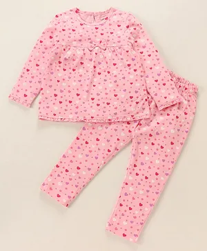 Babyoye Eco Conscious Anti Bacterial 100% Cotton Full Sleeves Night Suit Hearts & Stars Print- Pink