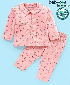 Babyoye Eco Conscious Anti Bacterial 100% Cotton Full Sleeves Night Suit Rainbow Print- Pink
