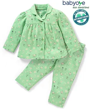 Babyoye Eco Conscious Anti Bacterial 100% Cotton Full Sleeves Night Suit Bird Print- Green