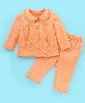 Babyoye Eco Conscious Anti Bacterial 100% Cotton Full Sleeves Polka Dotted Night Suit - Peach