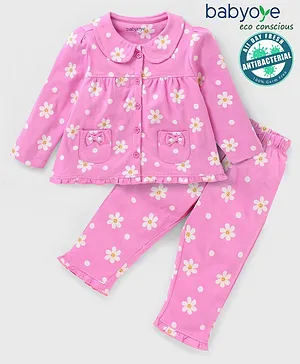 Babyoye Eco-Conscious 100% Cotton Anti Bacterial Full Sleeves Night Suit Floral Print - Pink