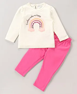 Babyoye Eco Conscious Anti Bacterial 100% Cotton Full Sleeves Night Suit Rainbow Print- White & Pink