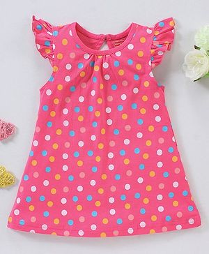 Babyhug Cotton Knit Frill Sleeves Knee Length Nighty Polka Dots Print - Pink