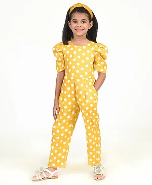 Fairies Forever Half Puffed Sleeves Polka Dots Printed Jumpsuit - Mustard Yellow