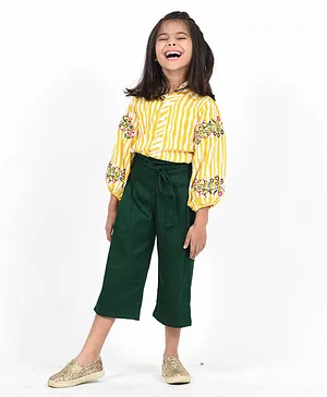 Fairies Forever Three Fourth Sleeves Awning Striped & Floral Embroidered Top With Solid Paper Bags - Yellow & Green