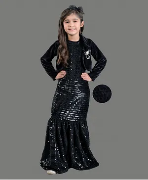 Titrit Sleeveless Velvet Sequin Embellished Fish Cut Gown With Shrug - Black