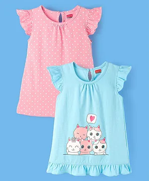 Babyhug Flutter Sleeves Nighty Kitten Print Pack of 2 - Blue
