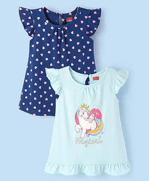 Babyhug Flutter Sleeves Nighty Unicorn Print Pack of 2 - Peach & Pink