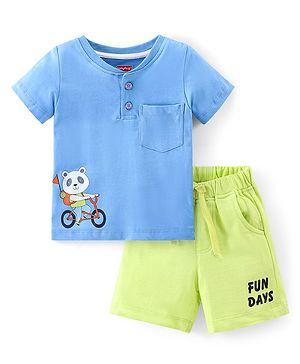 Babyhug 100% Cotton Knit Half Sleeves T-Shirt & Shorts With Text & Panda Print - Blue & Green