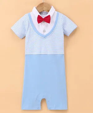 Mark & Mia Half Sleeves Striped Party Wear Romper with Bow Detailing - White & Blue