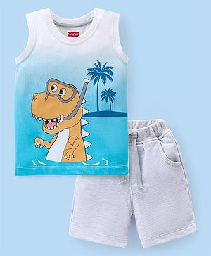 Babyhug 100% Cotton Knit Sleeveless T-Shirt & Shorts Set Dino Print - White Melange