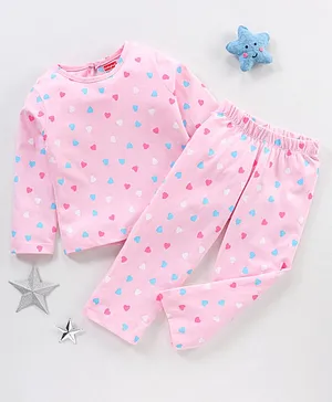 Babyhug Full Sleeves Cotton Night Suit Hearts Printed - Pink
