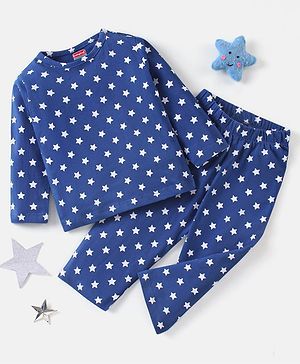 Babyhug Cotton Knit Full Sleeves Night Suit Star Printed - Navy Blue