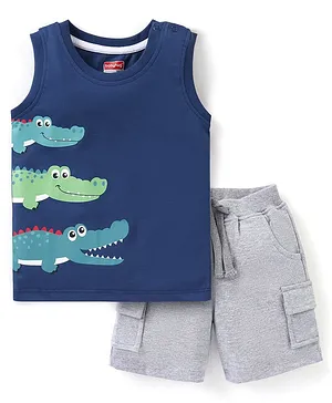 Babyhug Cotton Knit Sleeveless T-Shirt & Shorts Crocodile Print - Blue & Grey