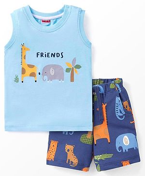 Babyhug Cotton Knit Sleeveless T-Shirt & Shorts Wild Animals Friends Print - Blue