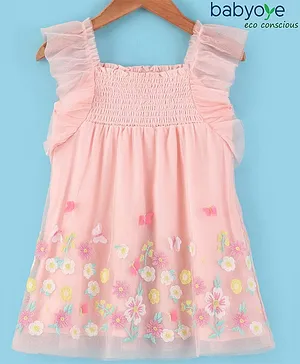 Babyoye Eco-Conscious Cotton Sleeveless Floral Embroidered Frock - Pink