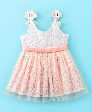 Babyoye Eco Conscious Sleeveless Party Frock With Lace Detailing- Peach