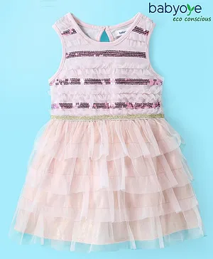 Babyoye Eco-Conscious Cotton Mesh Woven Sleeveless Party Dress with Sequin Embellished & Net Detailing - Pink