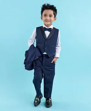 Robo Fry Full Sleeves Solid Party Suits with Waistcoat & Bow Tie - Blue