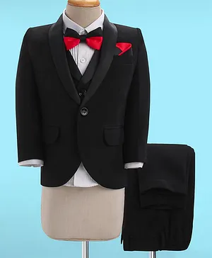 Robo Fry Viscose Full Sleeves Cantonic Solid Party Suit with Bow Tie - Black