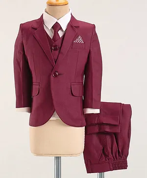 Robo Fry Lycra Full Sleeves Party Suit Solid Color with Tie - Maroon