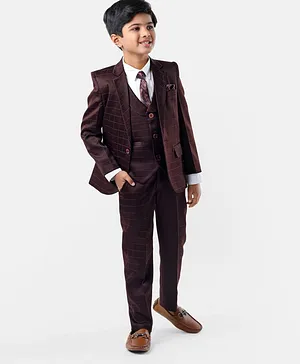 Robo Fry Woven Full Sleeves Solid Party Suit with Bow & Waistcoat - Brown