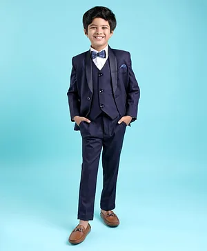 Robo Fry Cotton Full Sleeves Solid Party Suit With Blazer & Bow- Blue