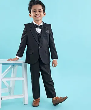 Robo Fry Full Sleeves Solid Party Suits with Waistcoat & Bow Tie - Black