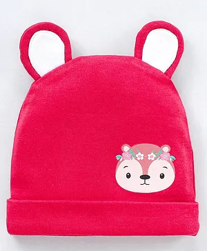 Babyhug 100% Cotton Cap With Ear Applique Fox Print- Red