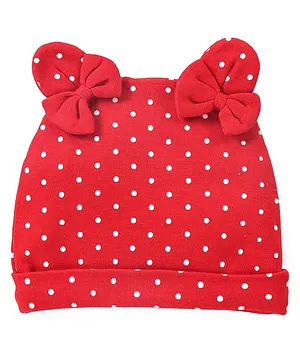 Babyhug 100% Cotton Knit Cap with Bow Applique & Polka Dots Print - Red