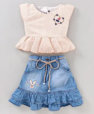 Enfance Cap Sleeves Railroad Striped Cherry Embroidered Peplum Top With Bunny Detailed Skirt - Peach & Light Blue