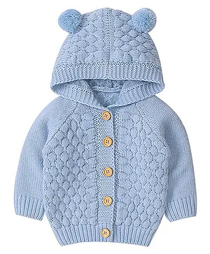 Little Surprise Box  Knitted Raglan Full Sleeves Woven Design Detailed & Pom Pom Embellished Hooded Sweater - Blue