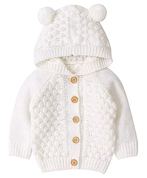 Little Surprise Box Full Sleeves Knitted Hooded Sweater - Cream