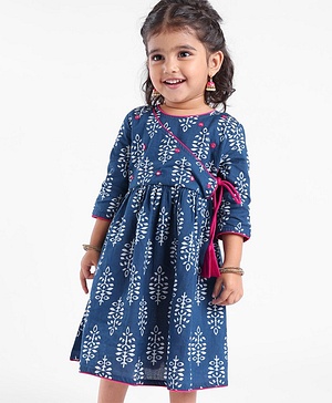 Babyhug 100% Cotton Woven Three Fourth Sleeves Ethnic Dress with Floral Print & Mirror Work - Indigo