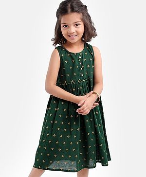 Babyhug 100% Cotton Sleeveless Ethnic Dress Foil Print- Green