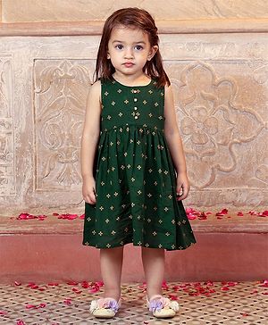 Babyhug 100% Cotton Sleeveless Ethnic Dress Foil Print- Green