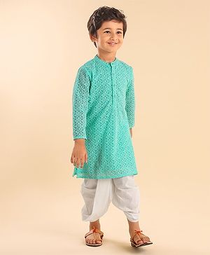 Babyhug 100% Cotton Full Sleeves Kurta & Dhoti Set Floral Embroidery- Mint Green