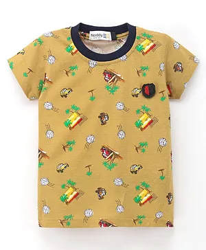 Noddy Half Sleeves Beach Theme Car Printed Tee - Beige