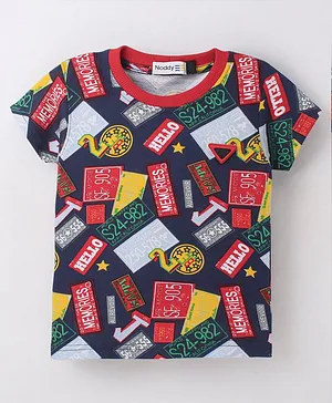 Noddy Half Sleeves Patch Style Text Printed Tee - Navy Blue