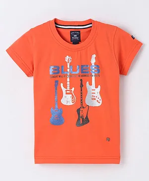Noddy Half Sleeves Rockstar Guitar & Blues Glitter Printed Tee  - Orange