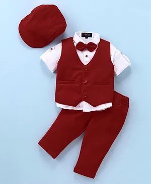Robo Fry Cotton Knit Full Sleeves Solid Party Suit with Bow Tie & Cap - Maroon