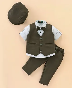 Robo Fry Cotton Full Sleeves Checkered Party Suit With Bow & Hat- Green