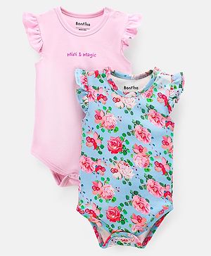 Bonfino 100% Cotton Interlock Frill Sleeves Onesies Floral Print Pack of 2- Pink & Blue